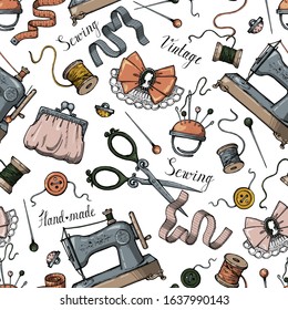 Hand made sewing embroidery tools scissors needles threads machine buttons pins ribbons seamless pattern on a white background to create a fabric or bag. Vector illustration.