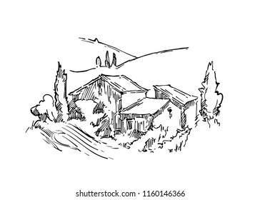 Hand made sketch grape fields and vineyards. Made in vintage style.