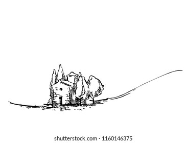 Hand made sketch grape fields and vineyards. Made in vintage style.