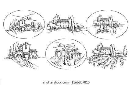 Hand made sketch grape fields and vineyards. Made in vintage style.