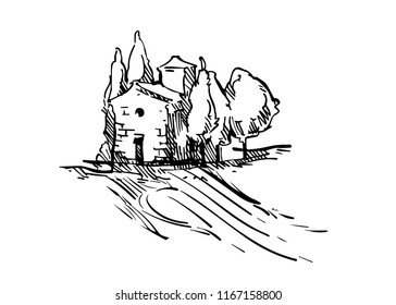 Hand made sketch grape fields and vineyards. Made in vintage style.