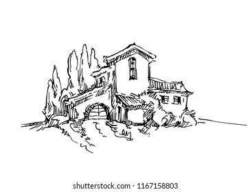 Hand made sketch grape fields and vineyards. Made in vintage style.