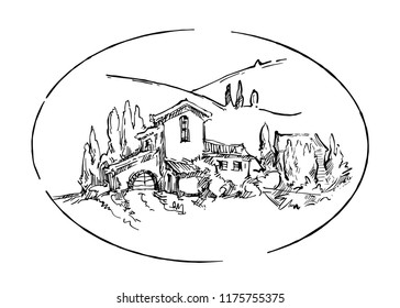 Hand made sketch grape fields and vineyards. Made in vintage style.