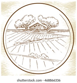 Hand made sketch grape fields and vineyards. Made in vintage style.