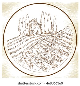 Hand made sketch grape fields and vineyards. Made in vintage style.