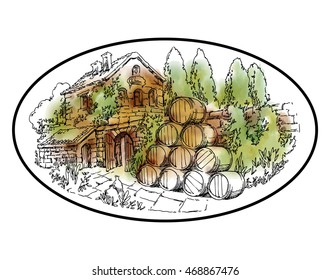 Hand made sketch grape fields and vineyards. Made in vintage style.