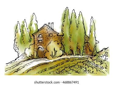 Hand made sketch grape fields and vineyards. Made in vintage style.