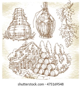 Hand made sketch grape fields and vineyards. Made in vintage style.