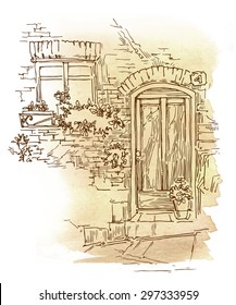 Hand made sketch of old town. Line artwork. ?utotraced vector. Old doors, windows, walls and trees. 