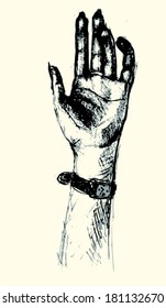 Hand Made Sketch representing a hand with a wrist watch