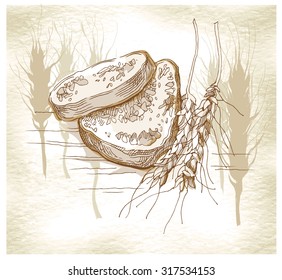 Hand made sketch of spikes and bread. Vector illustration. Usage on bakery theme.