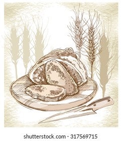 Hand made sketch of spikes and bread. Vector illustration. Usage on bakery theme.
