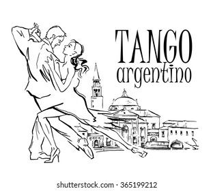 Hand made sketch of tango dancers with city background. Vector illustration. Use for tango studio posters, flayers, web-sites. Tango inscription. 