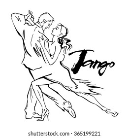 Hand made sketch of tango dancers. Vector illustration. Use for tango studio posters, flayers, web-sites. Tango inscription. 