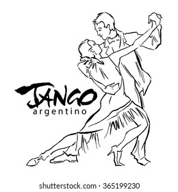 Hand made sketch of tango dancers. Vector illustration. Use for tango studio posters, flayers, web-sites. Tango inscription. 