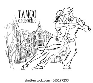 Hand made sketch of tango dancers with city background. Vector illustration. Use for tango studio posters, flayers, web-sites. Tango inscription. 