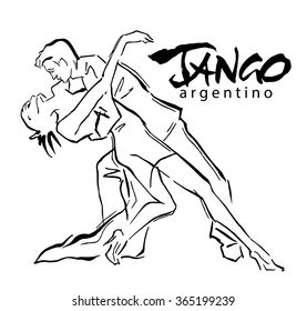 Hand made sketch of tango dancers. Vector illustration. Use for tango studio posters, flayers, web-sites. Tango inscription. 