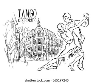 Hand made sketch of tango dancers with city background. Vector illustration. Use for tango studio posters, flayers, web-sites. Tango inscription. 