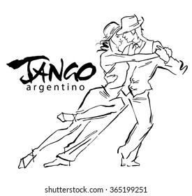 Hand made sketch of tango dancers. Vector illustration. Use for tango studio posters, flayers, web-sites. Tango inscription. 