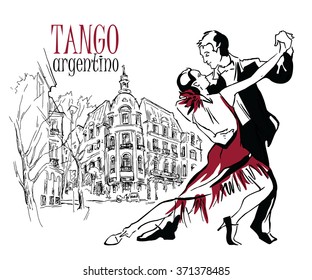 Hand made sketch of tango dancers. Vector illustration. Use for tango studio posters, flayers, web-sites. Tango inscription. 