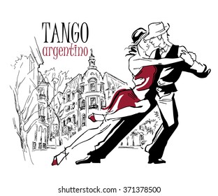 Hand made sketch of tango dancers. Vector illustration. Use for tango studio posters, flayers, web-sites. Tango inscription. 