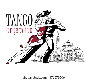 Hand made sketch of tango dancers. Vector illustration. Use for tango studio posters, flayers, web-sites. Tango inscription. 