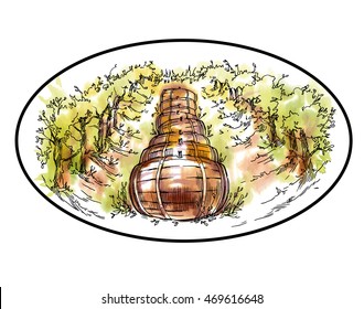 Hand made sketch of wine barrels. Made in vintage style. Watercolor background.