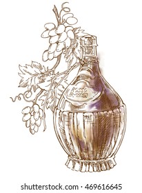 Hand made sketch of wine bottle and grape. Made in vintage style.