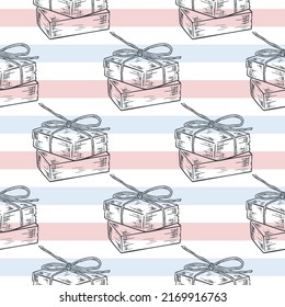Hand made soap hand engraved on striped background seamless pattern. Delicate stripes background and sketch soap bar. Print for packaging, paper and design illustration