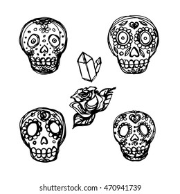 Hand made sugar scull ink illustration. Graphic vector. Can be used as print on t-shirt, wall, postcard, tattoo.