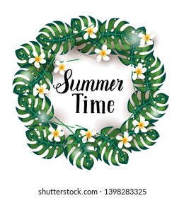 Hand made summer lettering and wreath of palm leaves isolated on white. Summer hand written Calligraphy -Summer time