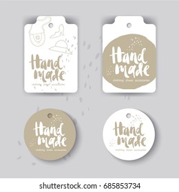 Hand made tags set. Sign Hand made. For labels on clothing and handmade items. Vector illustration. Eps 10