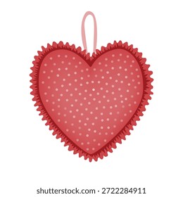 Hand made textile heart with cute ruffles, vector isolated illustration. Textile handicraft heart decoration on white background. Valentines Day design element.