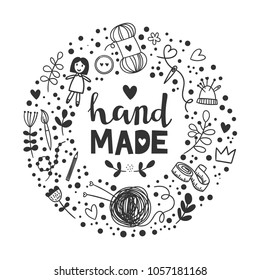 Hand made tools. Doodle illustration. Craft items heart shape isolated on white background. Vector illustration.