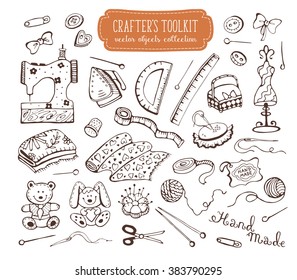 Hand made tools doodle set. Crafting items collection isolated on white background.  Hobby equipments outlines. Crafter's toolkit.