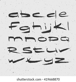 Hand Made typeface. Custom handwritten alphabet textured with grunge effect. Vector illustration.