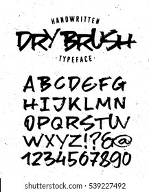 Hand Made Typeface 'Dry Brush'. Custom handwritten alphabet. Original Letters and Numbers. Vintage retro textured hand drawn type with grunge effect. Vector illustration