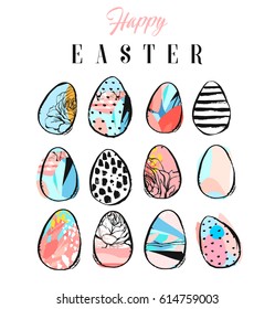 Hand made vector abstract collage textured colored Easter eggs collection set isolated on white background.Easter design decoration elements.