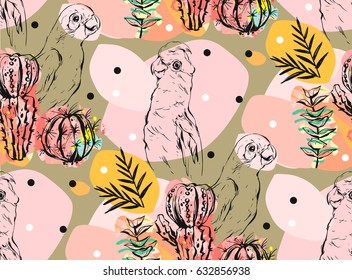 Hand made vector abstract collage seamless pattern with tropical parrots,cactus plants and succulent flowers isolated on color background.Wedding,birthday,fashion fabric,save the date,decor,wrapping