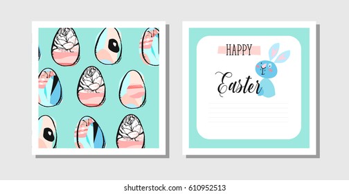 Hand made vector abstract creative Easter greeting card design template with Easter eggs and bunny isolated on white background.Design for flayer,invitation,journaling,decoration