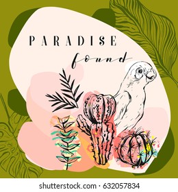 Hand made vector abstract freehand textured tropical collage illustration with parrot,cactus plants and modern calligraphy quote paradise found in pastel colors isolated on green background.Summer art