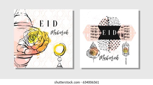 Hand made vector abstract freehand textured islamic cards set template with Eid Mubarak calligraphy quote,moon,stars,flowers,laterns and freehand textures in pastel colors isolated on white background