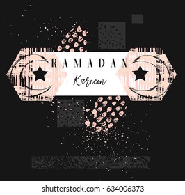 Hand made vector abstract freehand textured islamic greeting card template with Ramadan Kareem calligraphy quote,moon,stars and freehand textures in pastel colors isolated on black background.