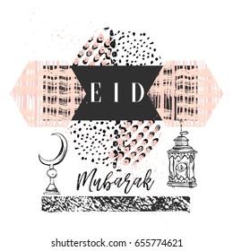 Hand made vector abstract freehand textured islamic greeting card template with eid mubarak calligraphy quote,moon,stars and freehand textures in pastel colors isolated on white background.