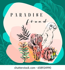 Hand made vector abstract freehand textured tropical collage illustration with parrot,cactus plants and modern calligraphy quote paradise found in pastel colors isolated on pastel background.