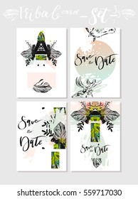 Hand made vector abstract graphic Save the Date tribal tropical exotic Valentines day cards set collection in pastel colors isolated on white background.Unusual cards for Business,holidays,decoration