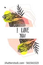 Hand made vector abstract graphic Valentines day card template with tropical tribal palm leaf motif in pink and green pastel colors with handwritten modern calligraphy I love you isolated on white.
