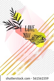 Hand made vector abstract graphic Valentines day card template with tropical tribal palm leaf motif in pink and green pastel colors with handwritten modern calligraphy I love you isolated on white.