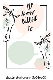 Hand made vector abstract graphic Valentines day card with horse heads,speech bubbles and modern calligraphy phase All you need is love.Creative unique design for wedding,valentines day,greeting