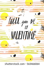 Hand made vector abstract graphic Valentines day card template with tropical tribal palm leaf motif in pink and green pastel colors with handwritten modern calligraphy Will you be my Valentine